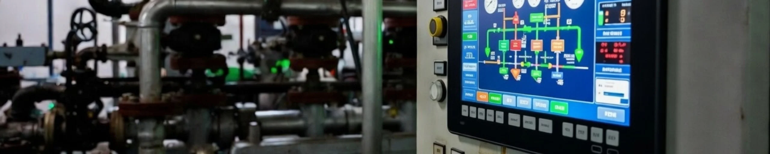 Close-up of a digital HMI touchscreen interface monitoring an automated industrial piping and valve system by Vintor.