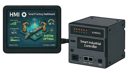 A digital HMI touchscreen interface displaying real-time flow diagrams for an industrial piping and valve automation system in a factory setting.