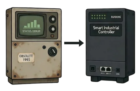 Illustration comparing an obsolete 1995 industrial controller with an error status to a modern Vintor Smart Industrial Controller.