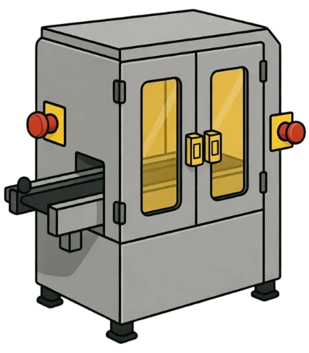 Illustration of an industrial machine with integrated safety guarding, yellow viewing windows, and red emergency stop (E-stop) buttons for AS/NZS compliance.