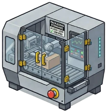 Vintor machine safety consulting illustration showing a certified packaging machine with AS 4024.1:2019 compliance labeling and safety guarding.