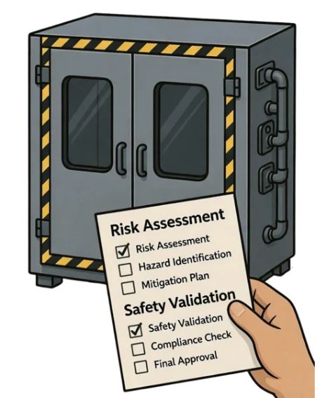 A hand holding a safety validation checklist including risk assessment and compliance checks in front of a guarded industrial machine.