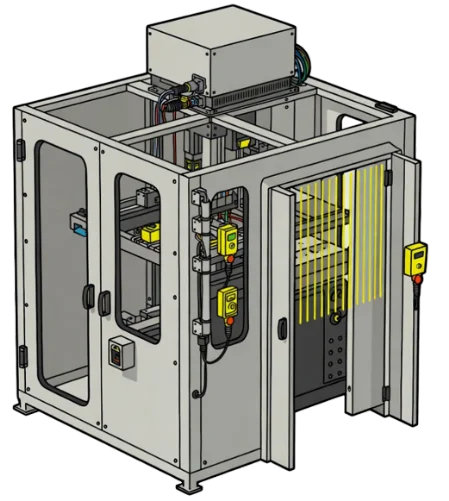 Illustration of an industrial machine enclosure featuring safety PLC integration, yellow light curtains, and hard guarding for control reliability.