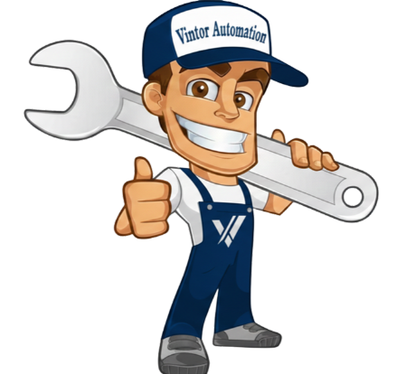 Friendly cartoon mascot wearing a Vintor Automation uniform and hat, holding a large wrench and giving a thumbs up to represent expert machinery repair.