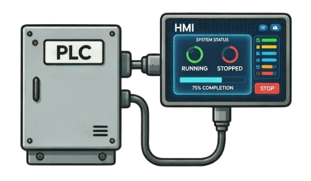 Industrial PLC and HMI interface diagram for automated packaging systems and machine integration by Vintor.
