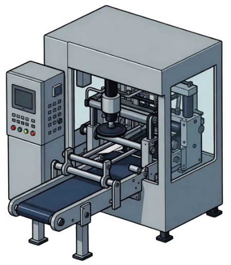 Illustration of a clean, well-maintained industrial packaging machine with an integrated conveyor and HMI control panel, representing Vintor’s service programs.